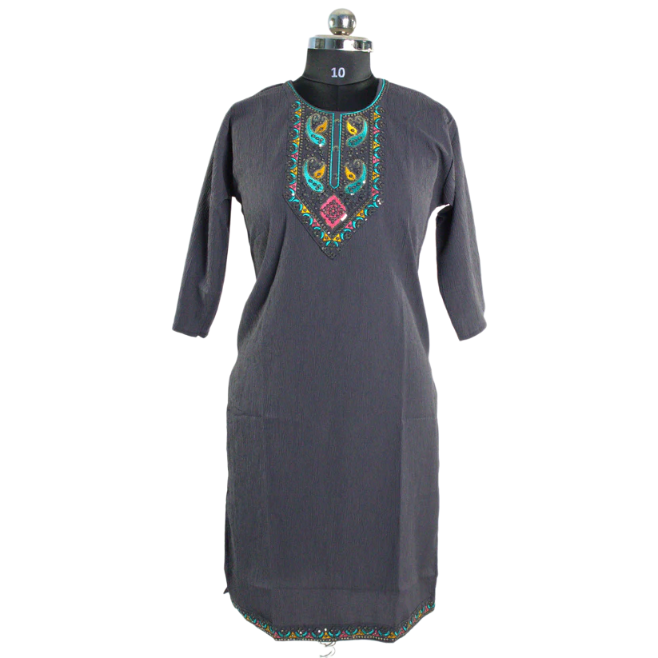 Elegant Embellishment: Charcoal Grey Kurti with Peacock Motif
