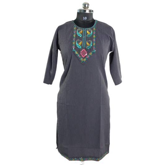 Elegant Embellishment: Charcoal Grey Kurti with Peacock Motif