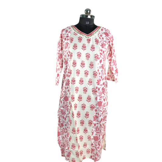 Subtle Elegance: White and Pink Floral Kurti with Embellished Neckline
