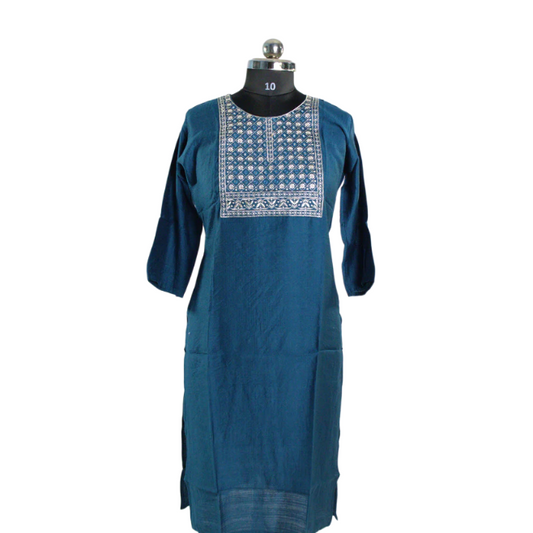 Elegant Embellishment: Teal Kurti with Silver Embroidered Neckline