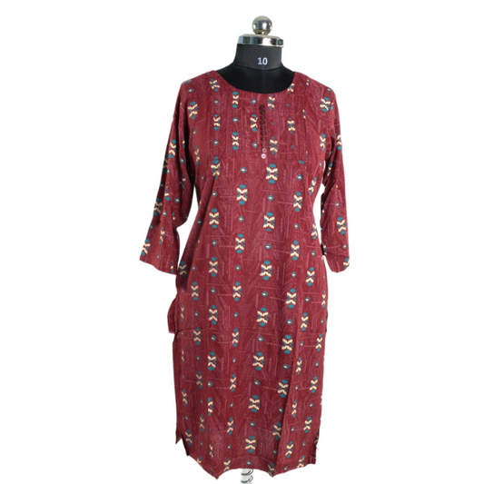 Rustic Charm: Maroon Kurti with Geometric Print