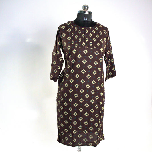 Rustic Chic: Brown Ikat Kurti with Pleated Detail