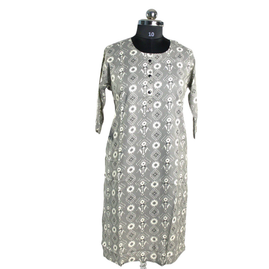 Subtle Elegance: Grey Ikat Kurti with Three-Quarter Sleeves
