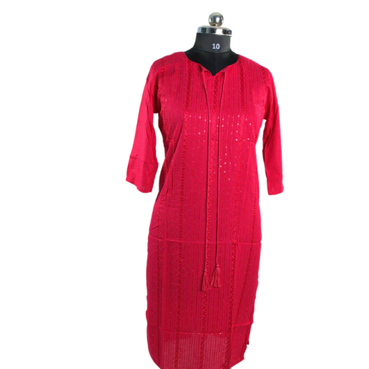 Vibrant Elegance: Red Embroidered Kurti with Tassels