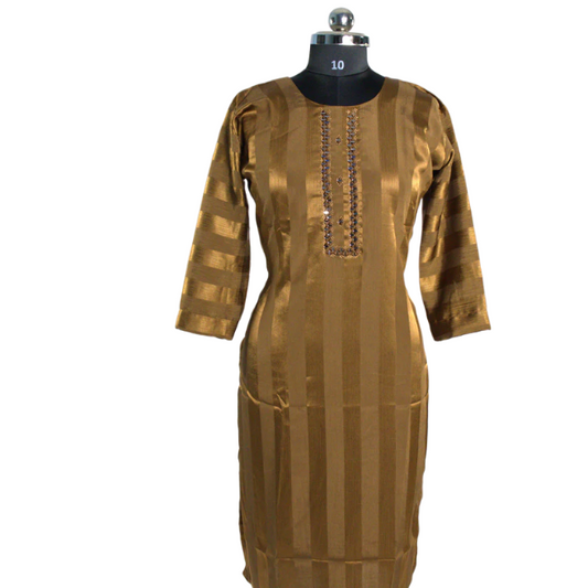 Shimmering Elegance: Brown Striped Kurti with Embellished Neckline