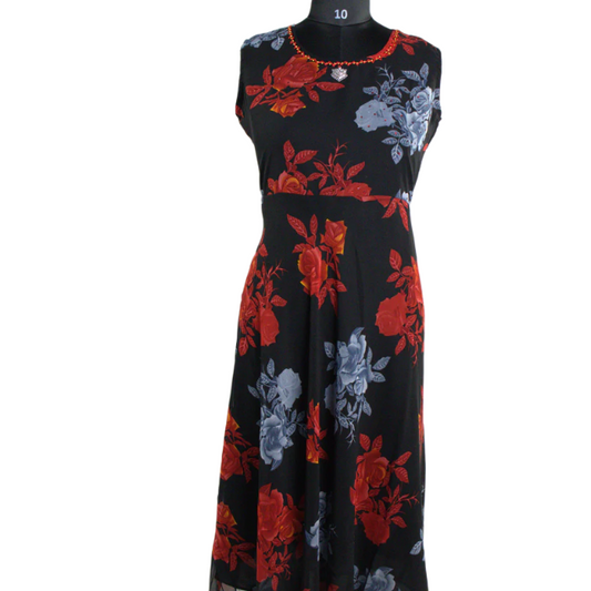 Romantic Blooms: Black Floral Kurti with Embellished Neckline