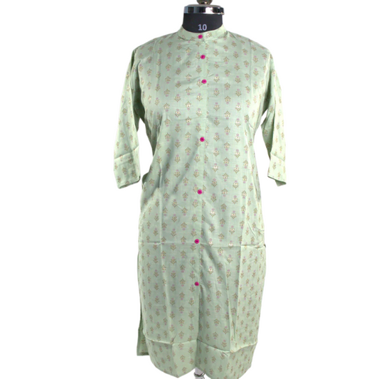 Subtle Elegance: Mint Green Printed Kurti with Mandarin Collar