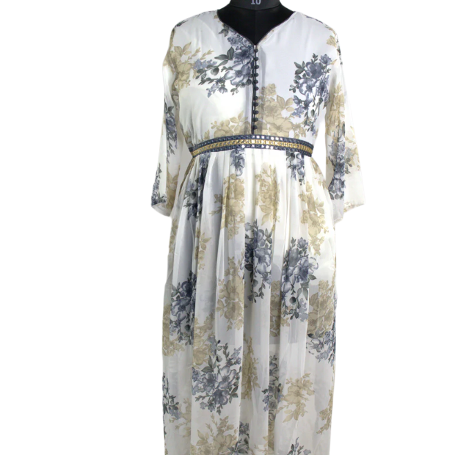 Romantic Blooms: White Floral Kurti with Embellished Waistband