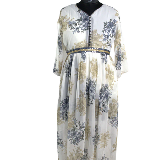Romantic Blooms: White Floral Kurti with Embellished Waistband