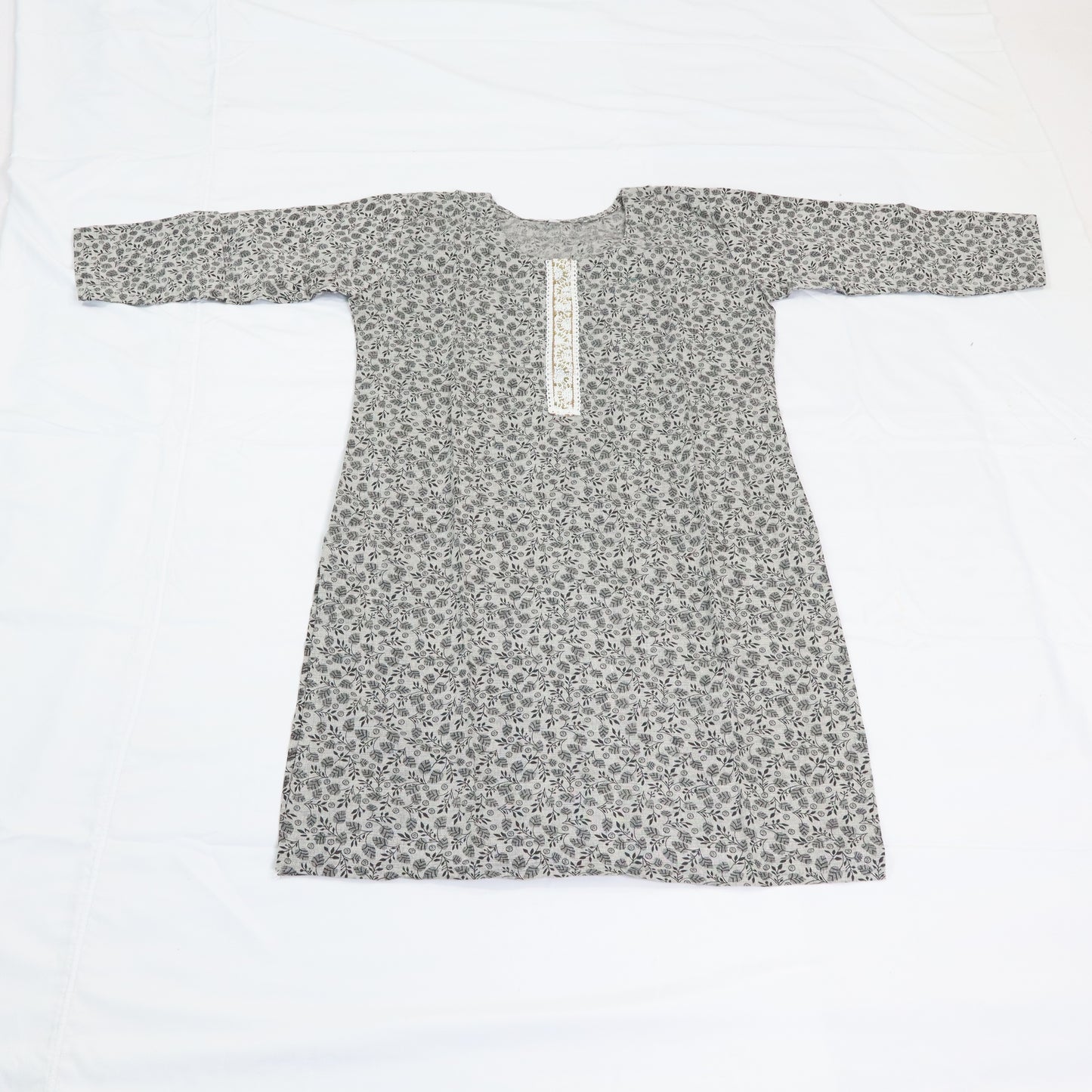 Grey Cotton Kurta Set with Embellished Neckline