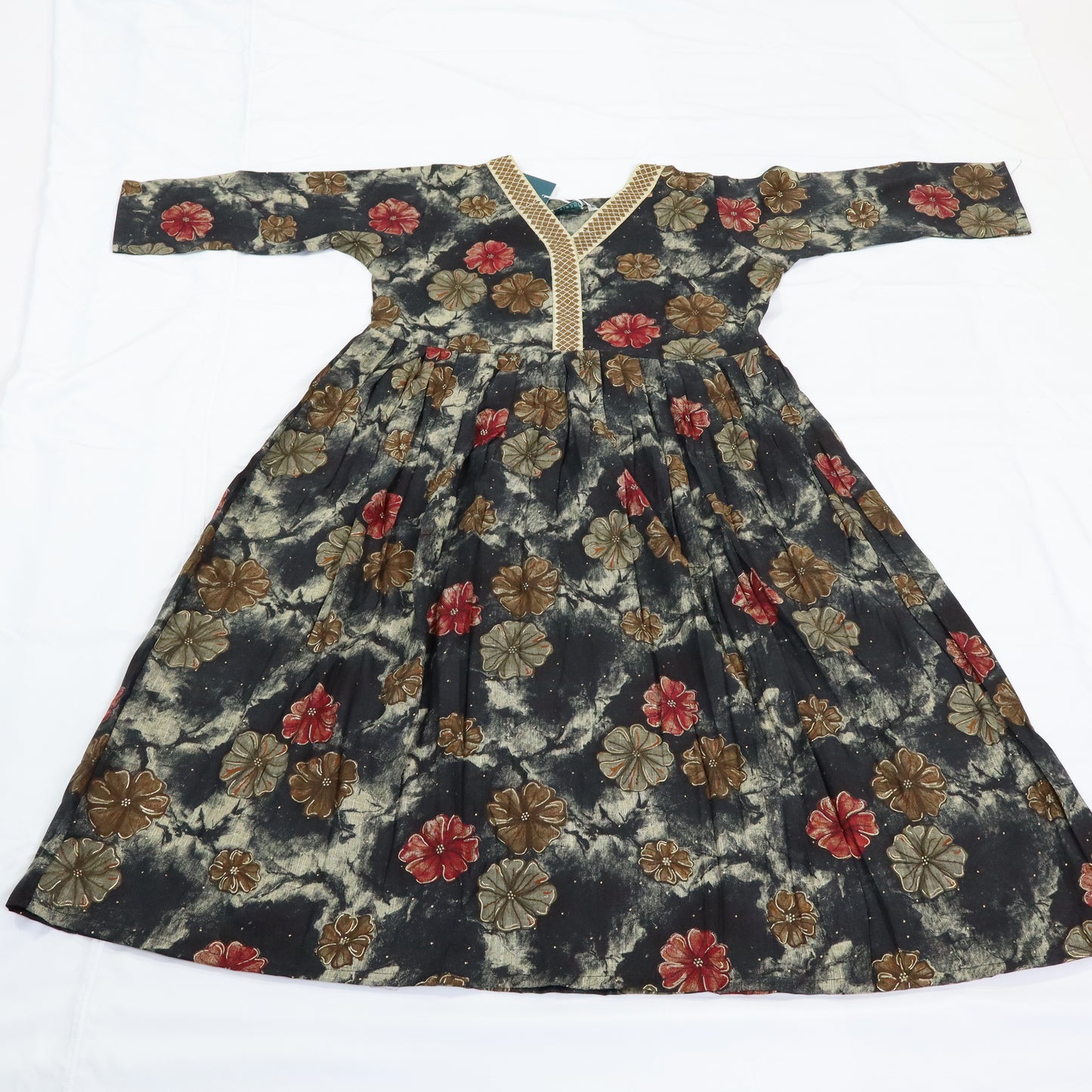 Black Floral Kurta with Embellished Neckline