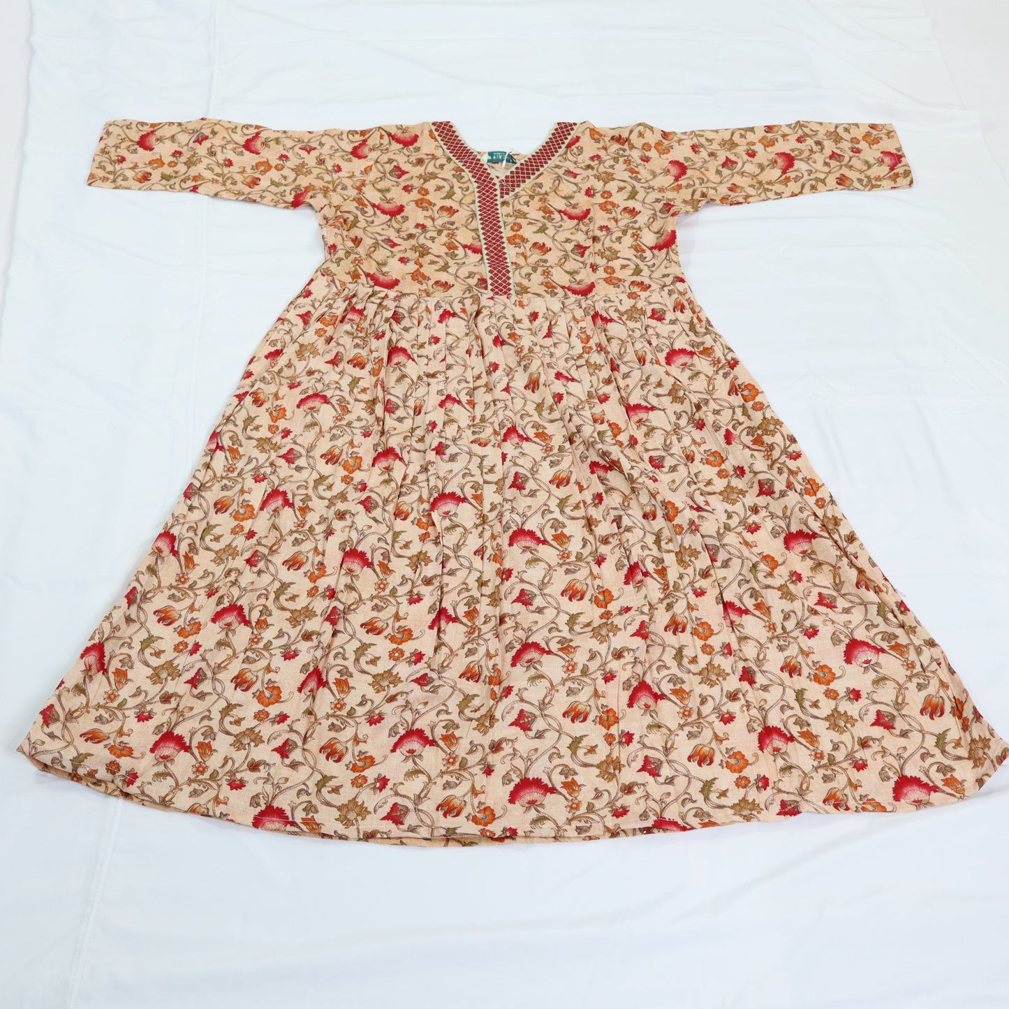 Beige Floral Kurta with Embroidered Neckline
