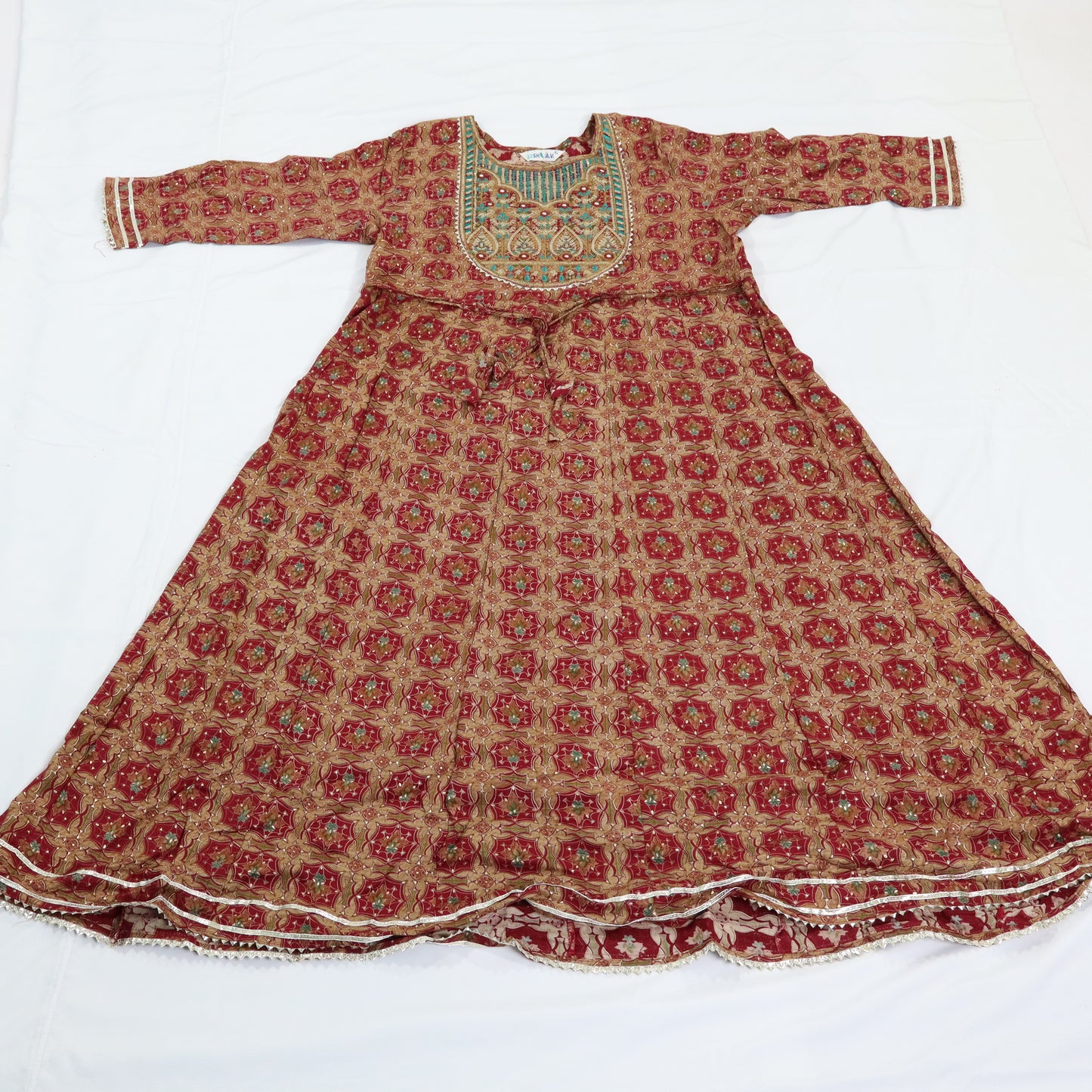 Brown Kurta with Embroidered Neckline and Mirror Work