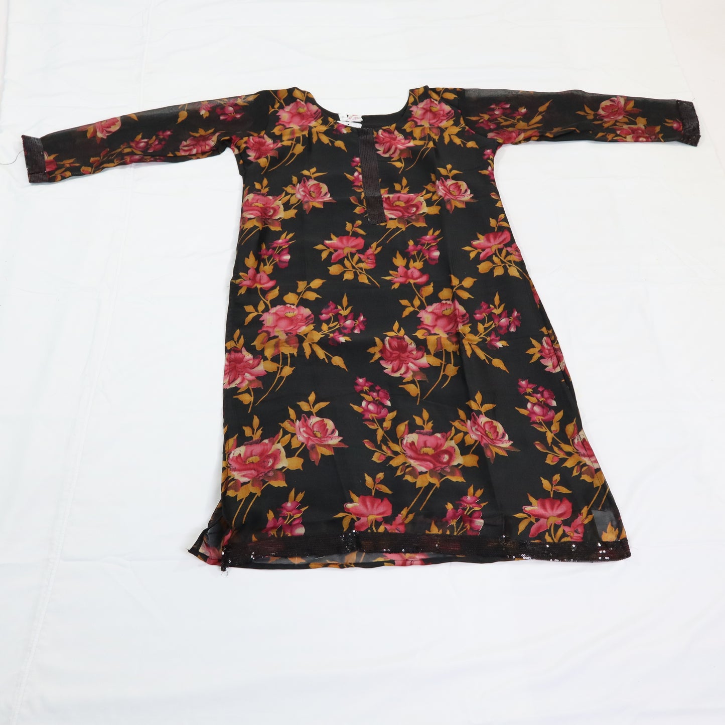 Black Kurta with Sequined Neckline and Floral Motif