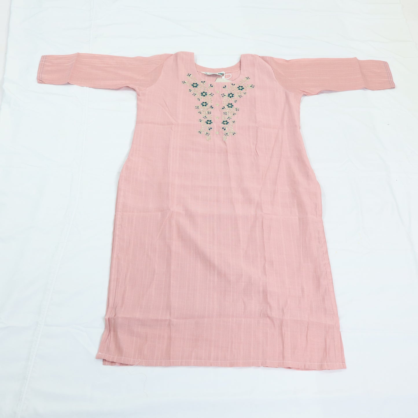 Embroidered Elegance: Pastel Pink Kurti with Three-Quarter Sleeves