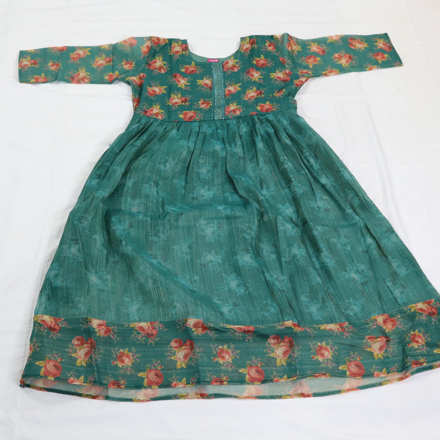 Romantic Blooms: Sheer Green Floral Kurti