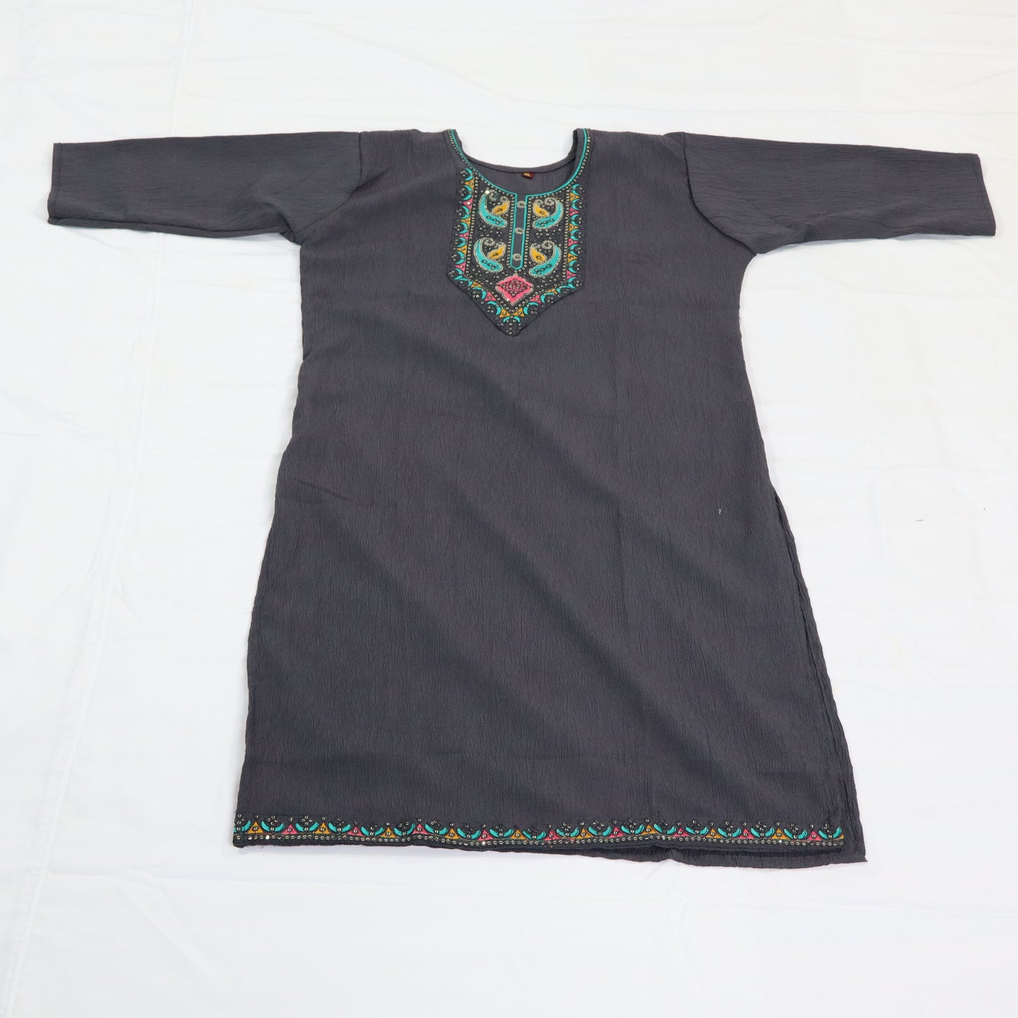 Elegant Embellishment: Charcoal Grey Kurti with Peacock Motif
