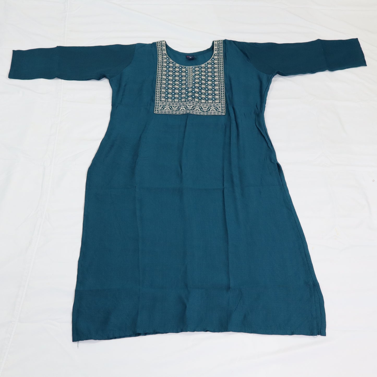 Elegant Embellishment: Teal Kurti with Silver Embroidered Neckline