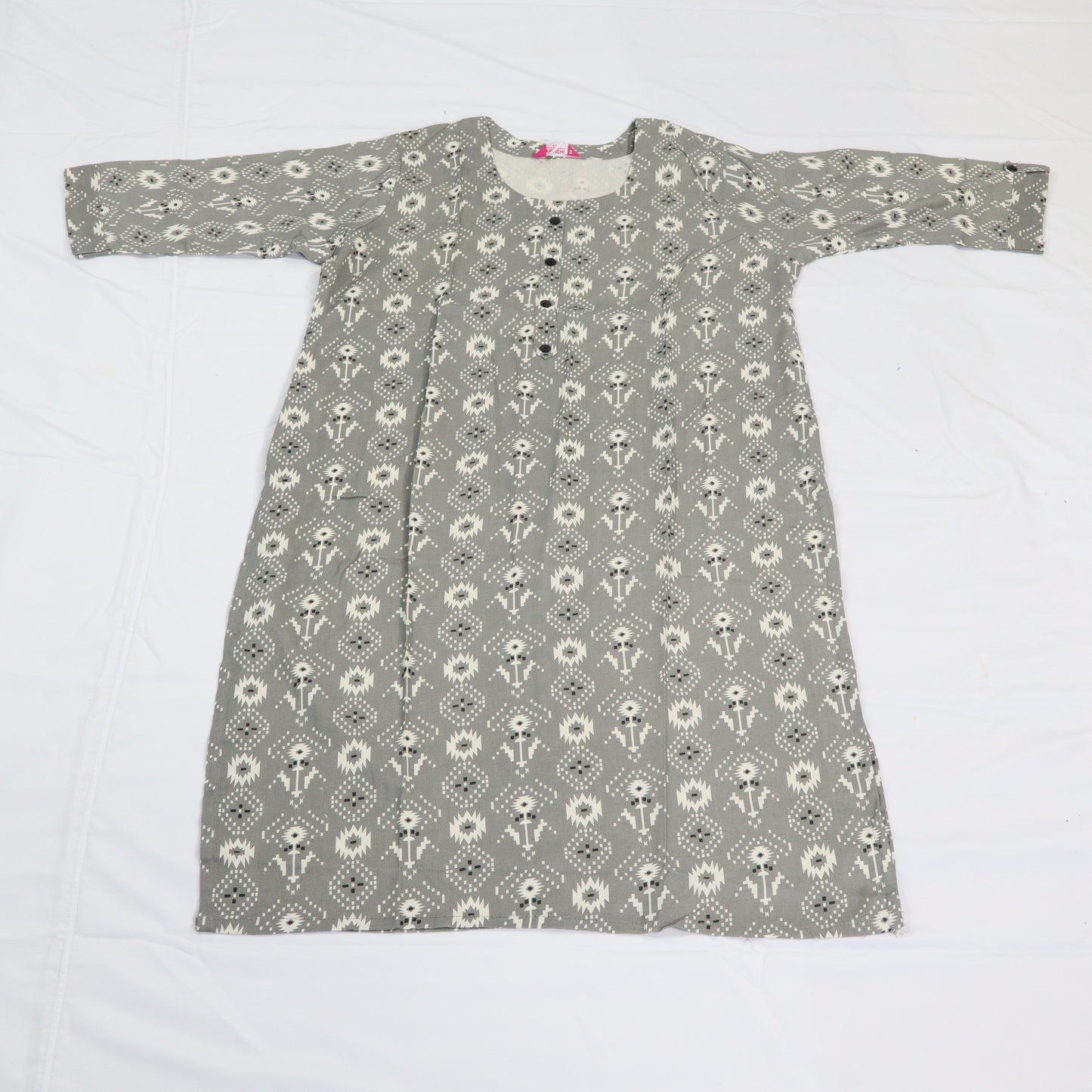 Subtle Elegance: Grey Ikat Kurti with Three-Quarter Sleeves