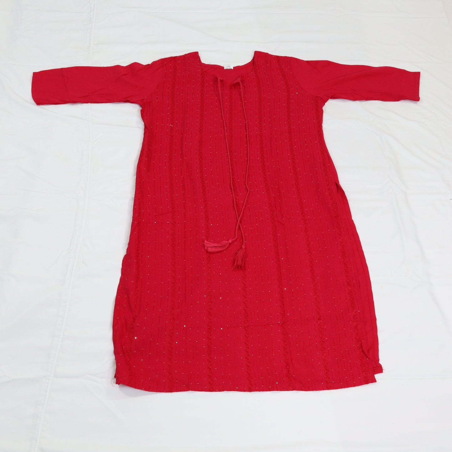 Vibrant Elegance: Red Embroidered Kurti with Tassels