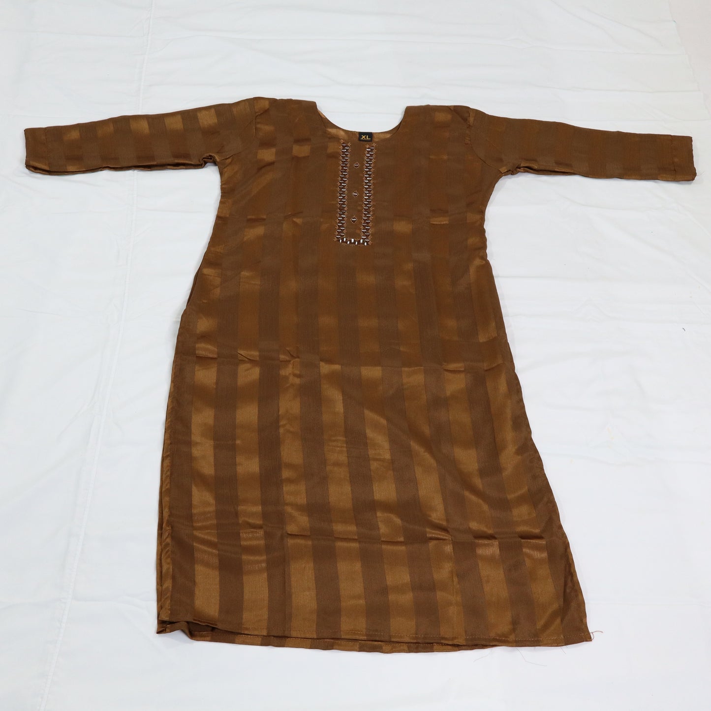 Shimmering Elegance: Brown Striped Kurti with Embellished Neckline